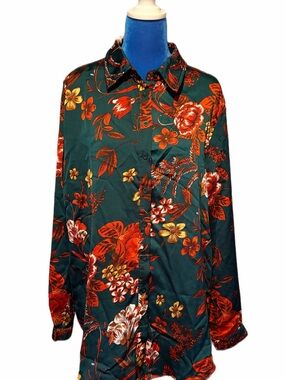 PrettyLittleThing Emerald Green Floral Oversized Shirt Blouse Size 8
